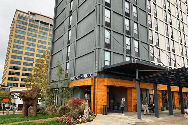 Hotel Indigo Chattanooga evening exterior showcasing custom LED building lighting
