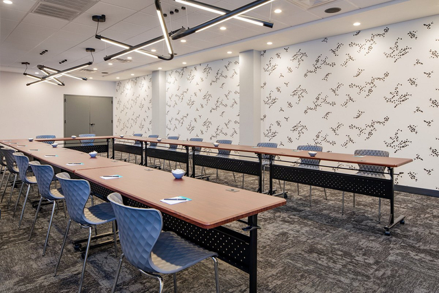 Hotel boardroom with custom linear LED fixtures and U shape table arrangement
