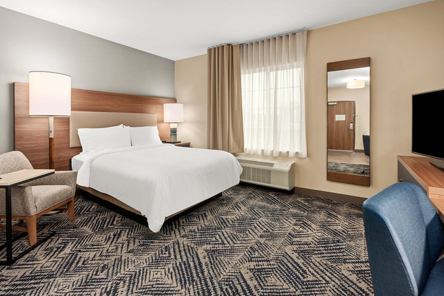 Spacious single queen studio suite with dimmable LED lights and modern furnishings
