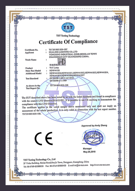 CE LVD certified hotel lighting - hospitality LED fixtures compliance report TST approved China