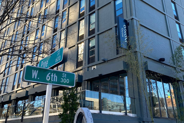 Hotel Indigo downtown Chattanooga exterior with energy efficient LED facade lighting