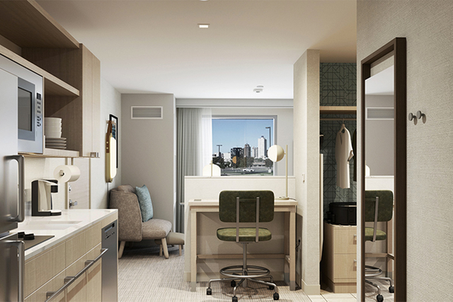Homewood Suites king efficiency suite with ETL certified compact residential lighting