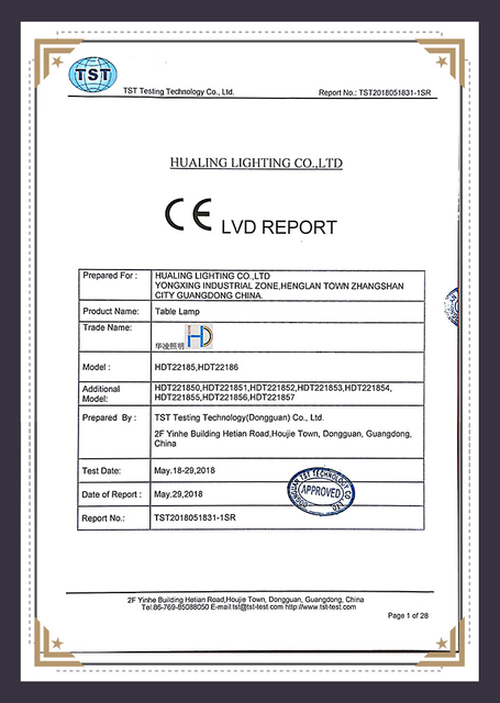 Hualing Lighting CE certified table lamp - hospitality decorative fixtures LVD report China