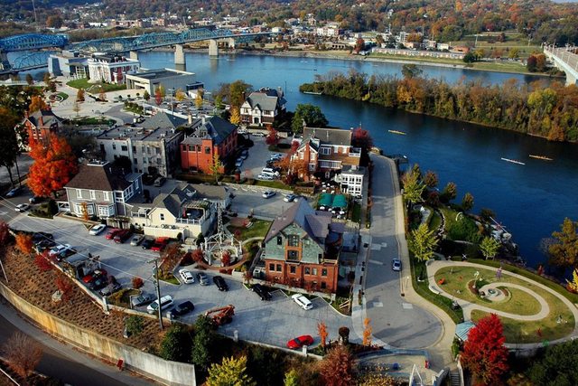 Chattanooga riverside bluff view with Hotel Indigo architectural exterior lighting