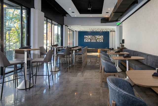 Hotel restaurant dining area with LED pendant lights