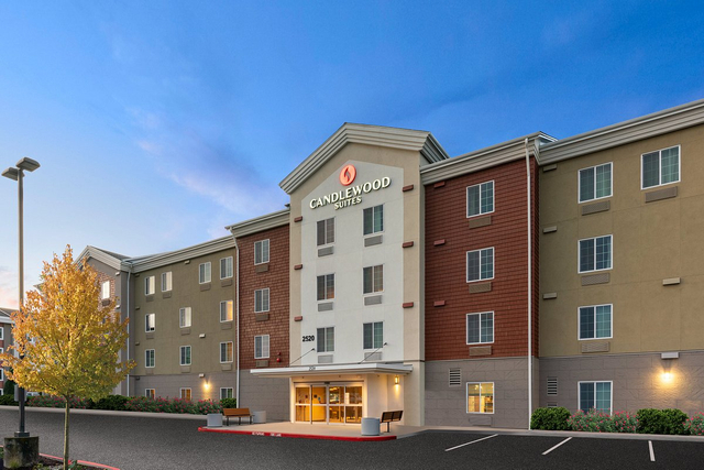 Candlewood Suites front entrance with welcoming LED canopy and landscape lighting design