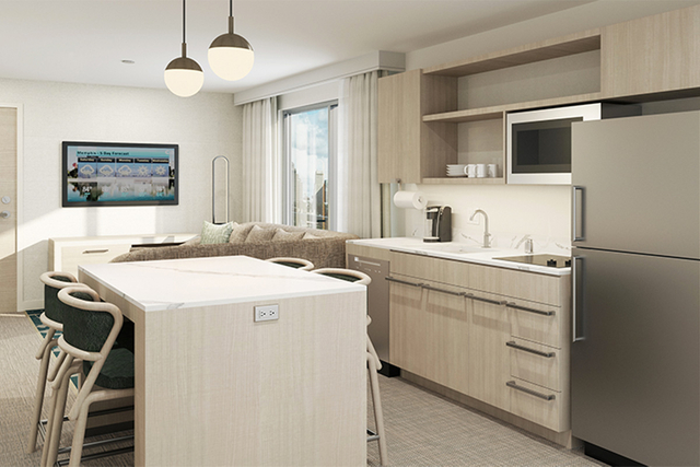 Homewood Suites one bedroom suite with approved kitchen island pendant lighting 3000K