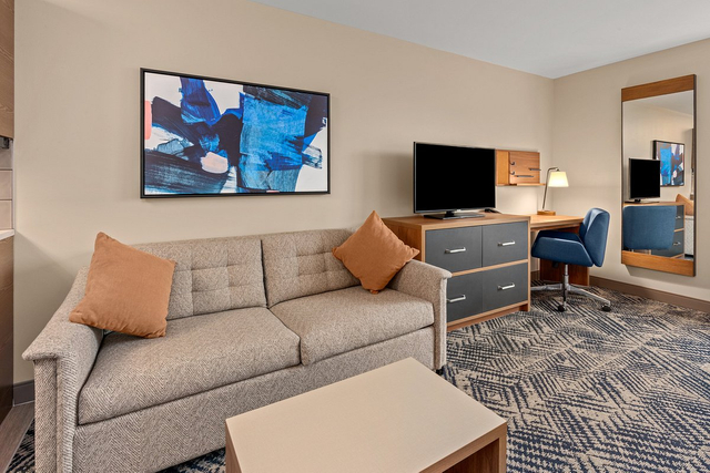 King studio suite sofa sleeper area with LED task lights and entertainment console