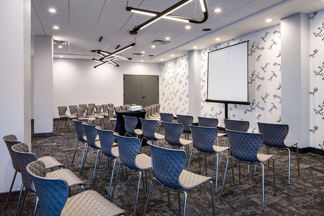 Conference room theater setup featuring adjustable LED track lights and AV equipment