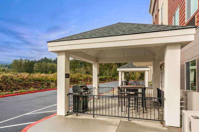 Outdoor gazebo patio area featuring decorative LED string lights and BBQ facilities