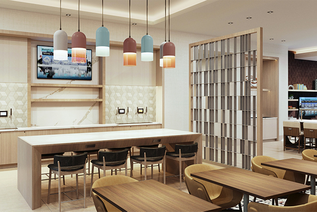 Homewood Suites breakfast tap wall area with colorful pendant lights UL 1598 certified